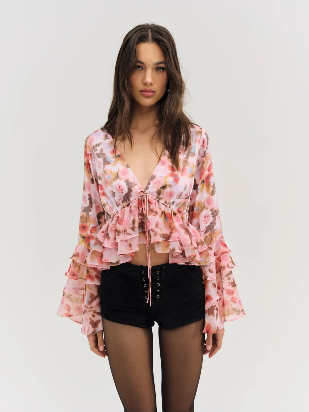 For Love & Lemons Fallen Floral Top Pink Ruffle Blouse